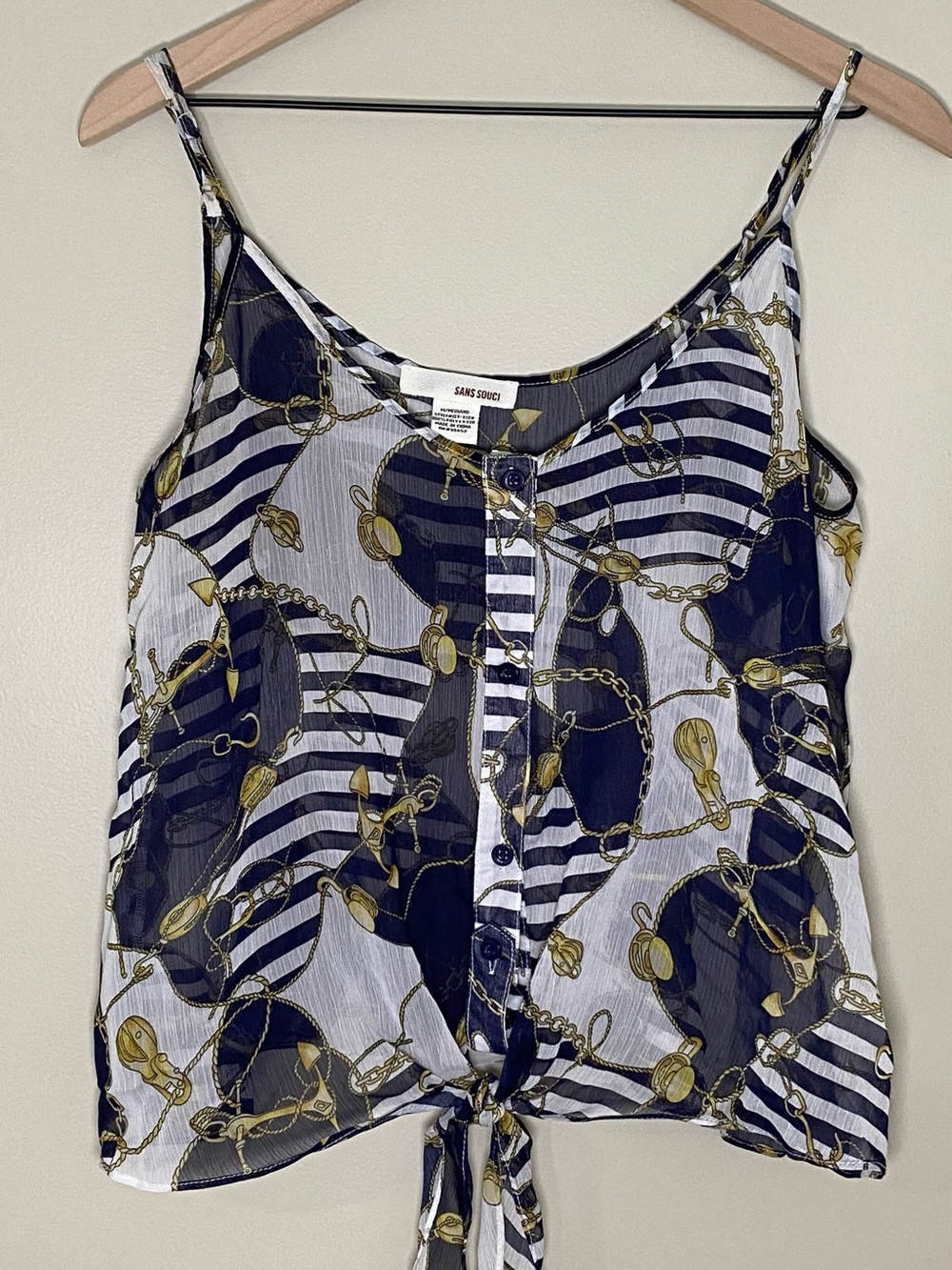 Sheer Nautical Stripe Chain Coastal Front Tie Tank Top Navy White Gold Medium